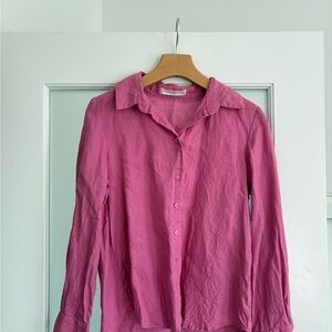 Pink Linen Button-Up Shirt, Mango